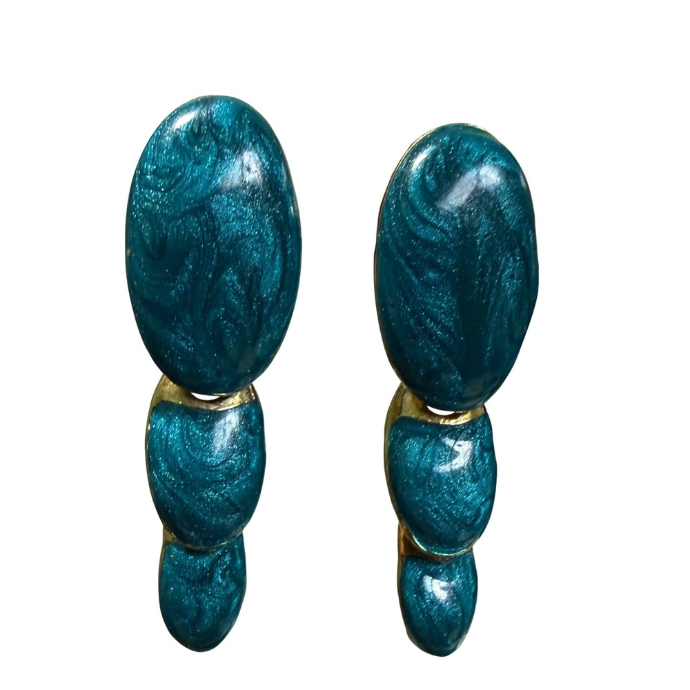 Vintage Teal Blue Enamel Tiered Drop Earrings Gold Tone Marbled Shimmer Oval